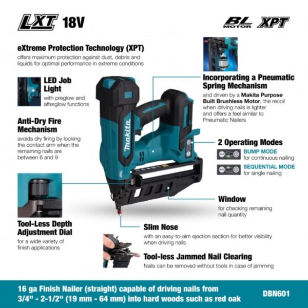 Makita DBN601Z 18V LXT 2-1/2" 16GA Brushless Finish Nailer - Tool Only