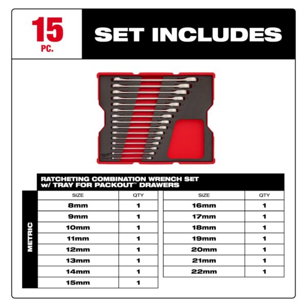 Milwaukee 48-22-0156 Metric Ratcheting Combination Wrench Set 15-Piece with Tray for PACKOUT Drawers