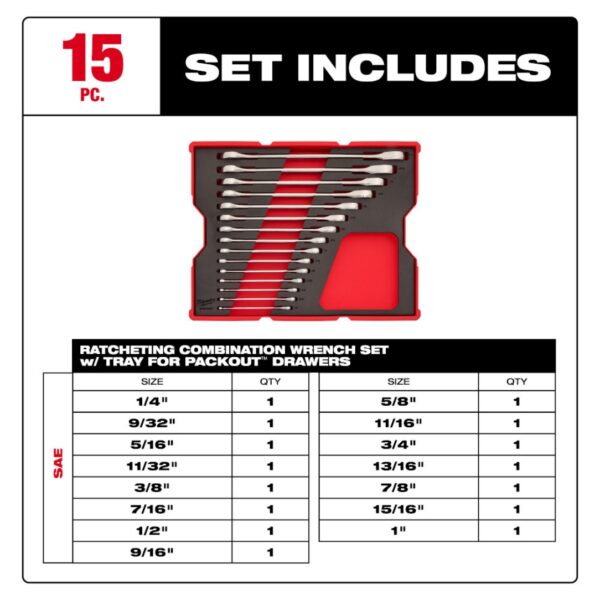 Milwaukee 48-22-0157 SAE Ratcheting Combination Wrench Set 15-Piece with Tray for PACKOUT Drawers