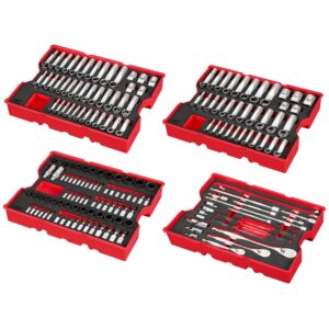 Milwaukee 48-22-9490 1/4”, 3/8”, and 1/2” Drive Metric and SAE Ratchet and Socket Set with Trays for PACKOUT Drawers 242-Piece