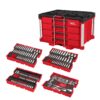 Milwaukee 48-22-9491 1/4”, 3/8”, and 1/2” Drive Metric and SAE Ratchet and Socket Set with PACKOUT 4-Drawer Tool Box 242-Piece
