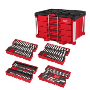 Milwaukee 48-22-9491 1/4”, 3/8”, and 1/2” Drive Metric and SAE Ratchet and Socket Set with PACKOUT 4-Drawer Tool Box 242-Piece