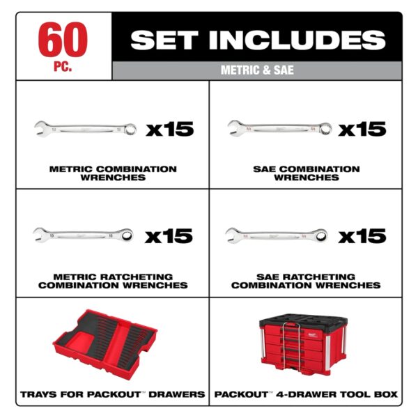 Milwaukee 48-22-9492 Metric and SAE Combination Wrench Set with PACKOUT 4-Drawer Tool Box 60-Piece