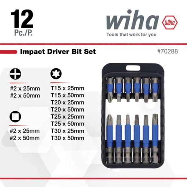 Wiha 70288 TERMINATORBLUE PH/SQ/TX Impact Driver Bit Set 12-Piece