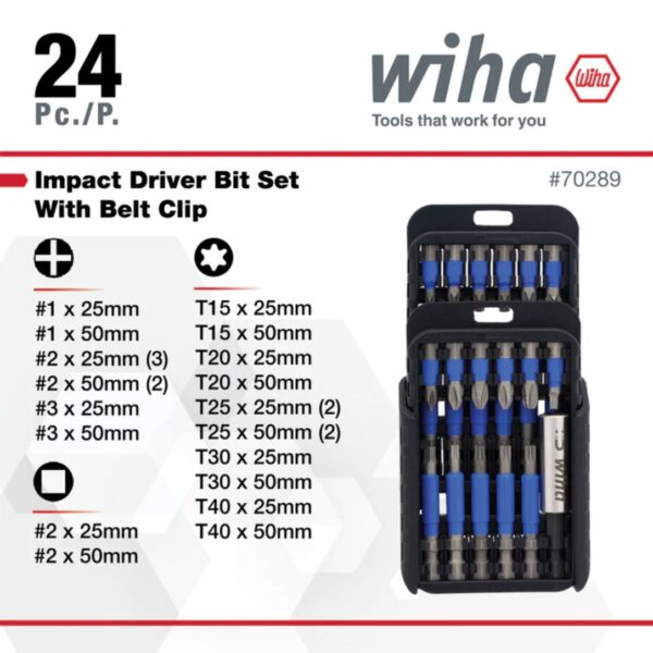 Wiha 70289 TERMINATORBLUE PH/SQ/TX Impact Driver Bit Set with Belt Clip 24-Piece
