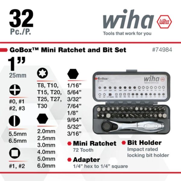 Wiha 74984 GOBOX Standard Bit Set with Mini Ratchet 32-Piece